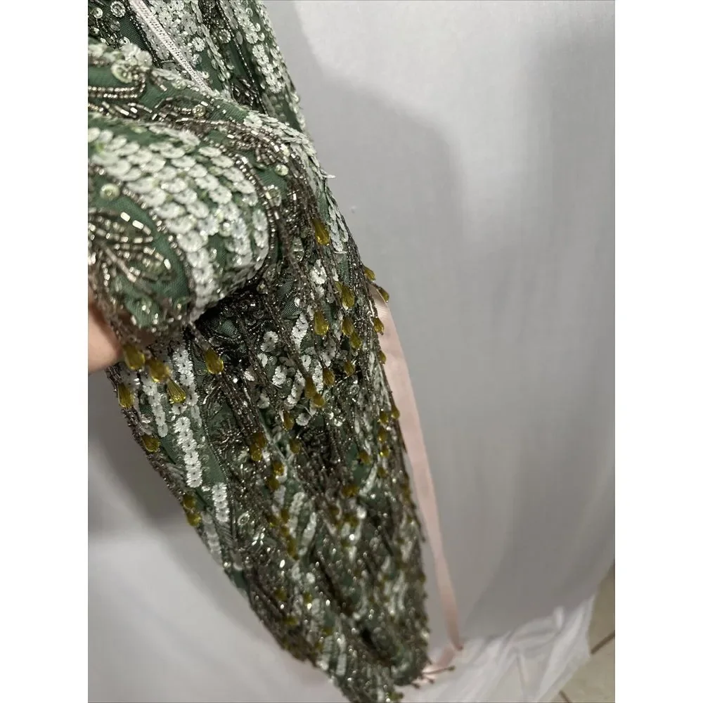 NWT Mac Duggal [ 8 ] 5980 High Neck Short‎ Sleev Crystal Fringe Dress Sage Q931